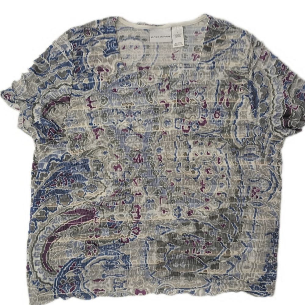 Alfred Dunner Cream Blue Purple Paisley Crinkle Top L